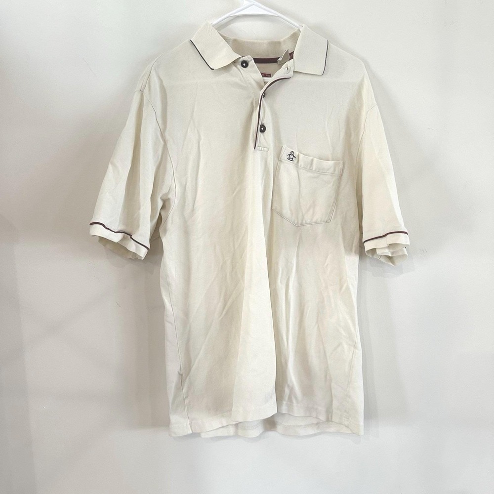 VTG Men's‎ Grand Slam White Polo Medium Stretch Brown Accents Golf Preppy